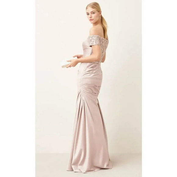 LA FEMME Champagne Beaded Back Off the Shoulder Ruched Crepe Satin Gown - Picture 1 of 11